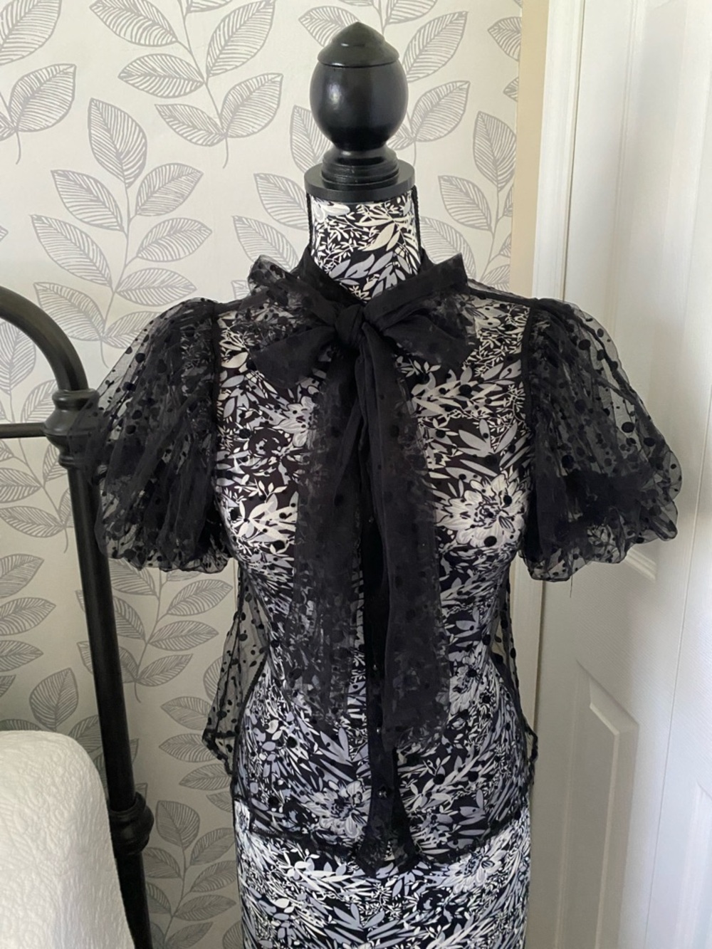 Haute Monde sheer nylon polka dot blouse with attached scarf neckline